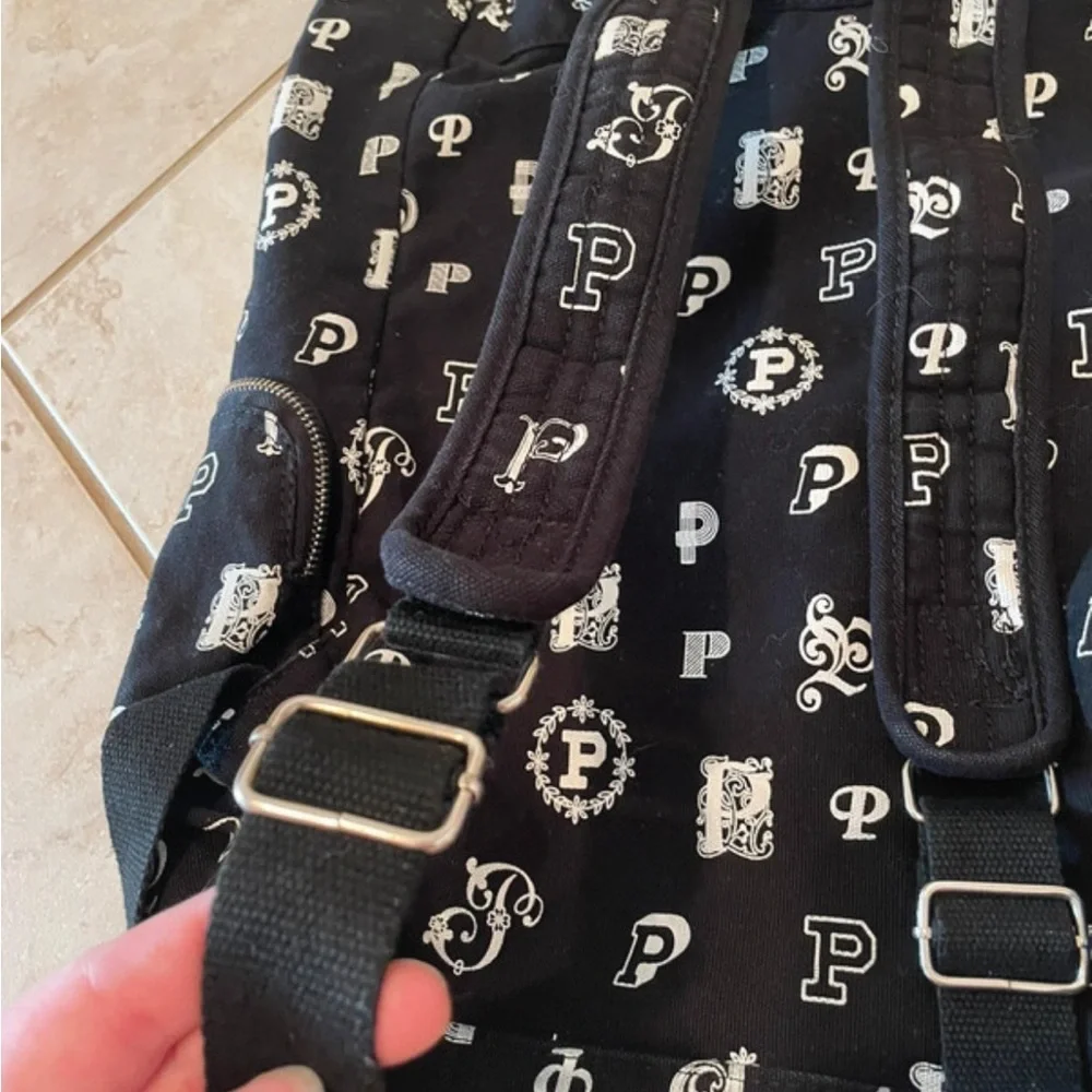 Victoria's Secret Pink Black White P Patterned Drawstring Backpack Multi Use - Picture 7 of 8